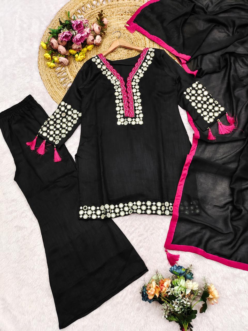 Anaita Black Vichitra Silk Readymade Suit with Thread Embroidery Work