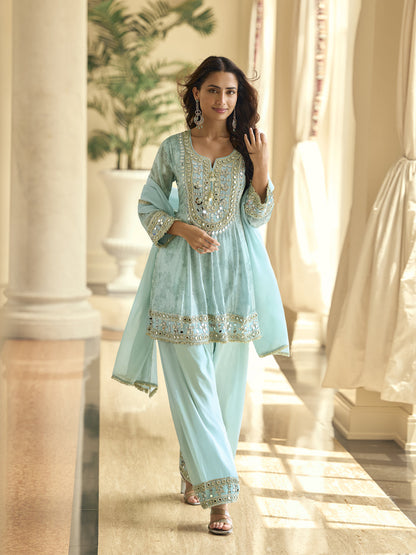 Evanik Skyblue Silk Real Mirror Embroidery Work Kurta Palazzo With Dupatta