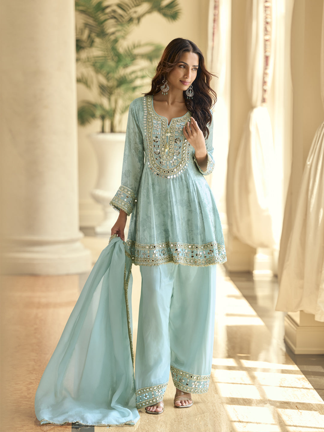 Evanik Skyblue Silk Real Mirror Embroidery Work Kurta Palazzo With Dupatta