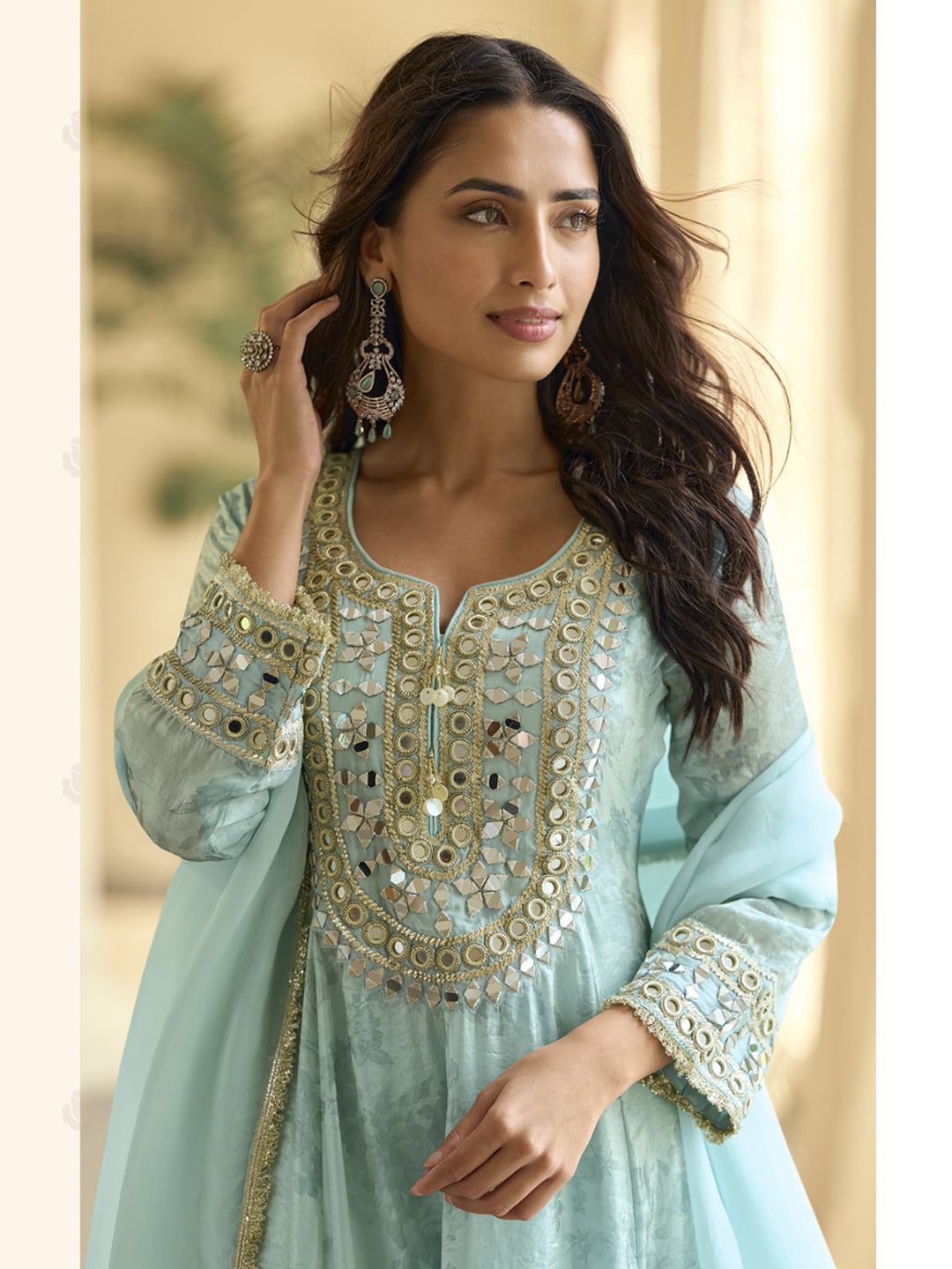Evanik Skyblue Silk Real Mirror Embroidery Work Kurta Palazzo With Dupatta