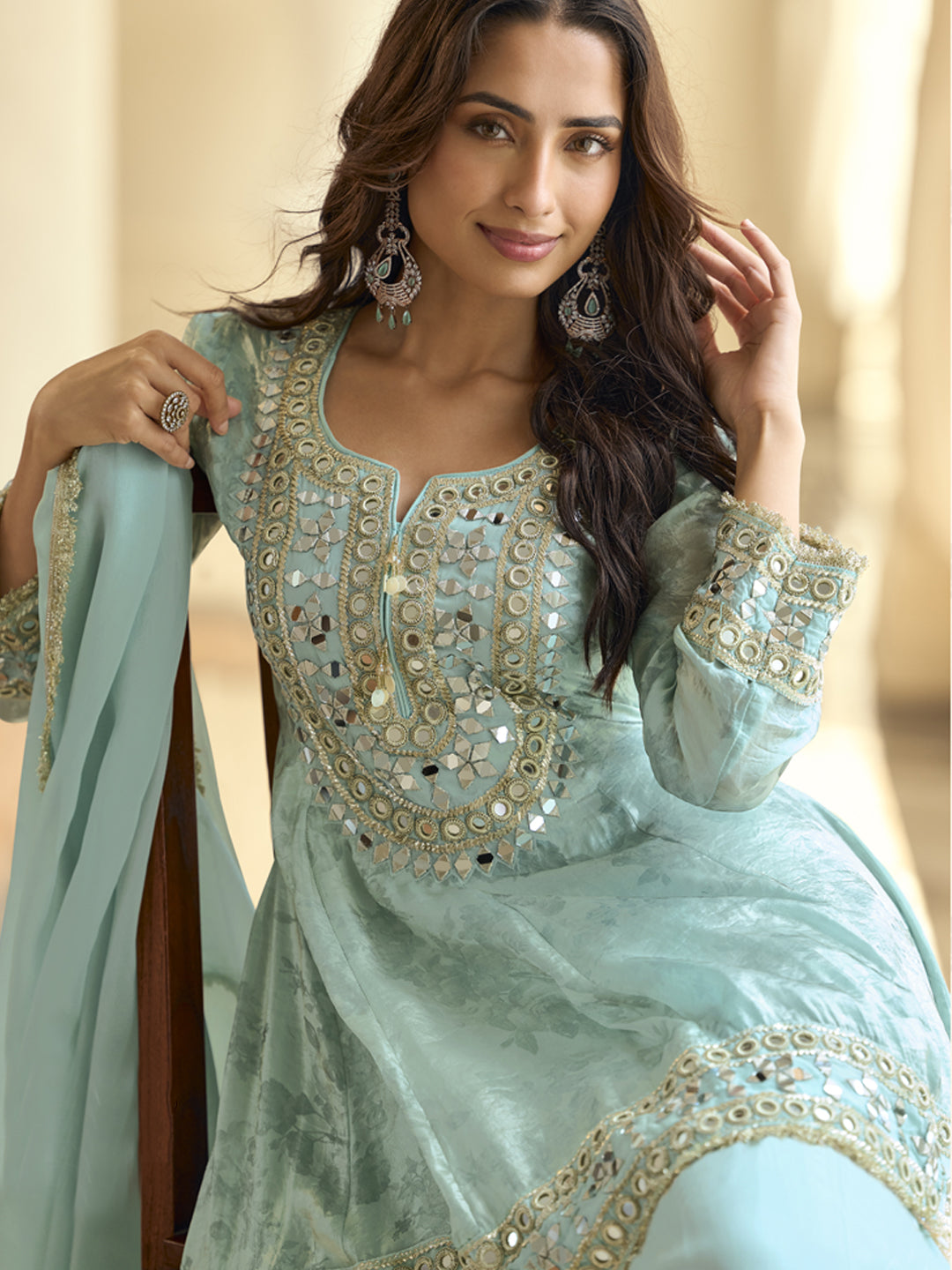 Evanik Skyblue Silk Real Mirror Embroidery Work Kurta Palazzo With Dupatta