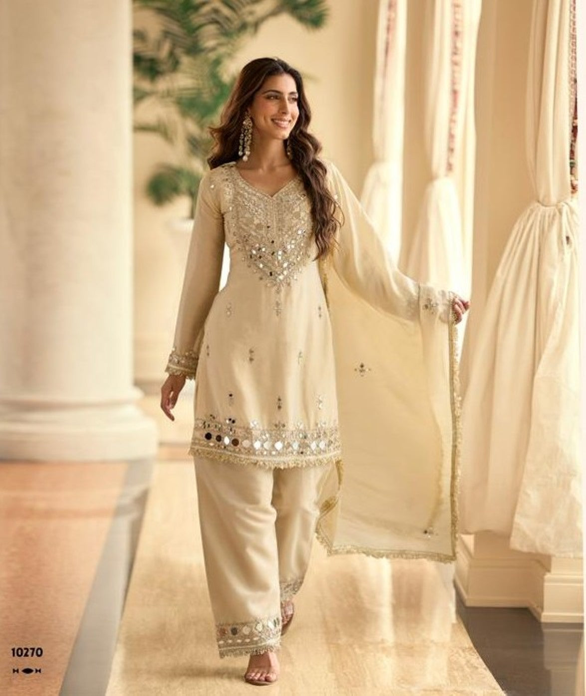 Anaita Off White Vichitra Silk Readymade Suit with Real Mirror Hand Work