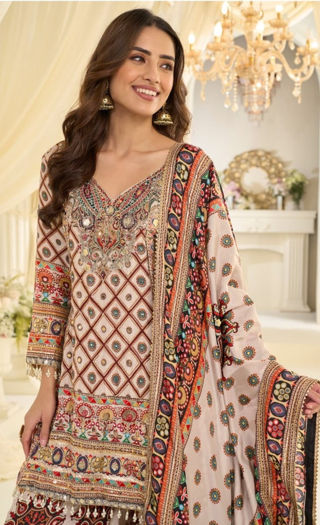 Anaita White Crepe Silk Stitched Suit with Aari & Digital Print Work