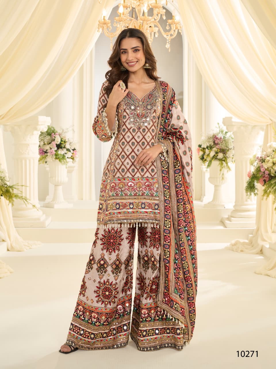 Anaita White Crepe Silk Stitched Suit with Aari & Digital Print Work