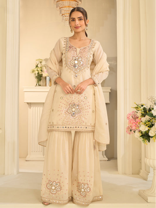 Evanik Cream Silk Blend with Real Mirror with Sequence Hand Work Kurta Sharara Dupatta Set