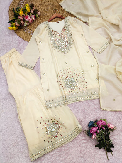 Evanik Cream Silk Blend with Real Mirror with Sequence Hand Work Kurta Sharara Dupatta Set