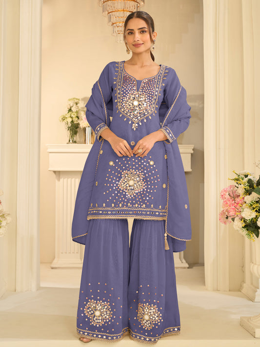 Evanik Lavender Silk Blend with Real Mirror with Sequence Hand Work Kurta Sharara Dupatta Set