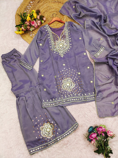 Evanik Lavender Silk Blend with Real Mirror with Sequence Hand Work Kurta Sharara Dupatta Set