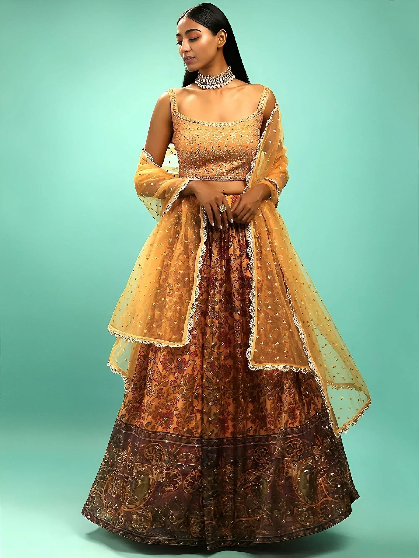 Tulsi Art Awesome Yellow Chinon Digital Print Designer Reception Wear Lehenga