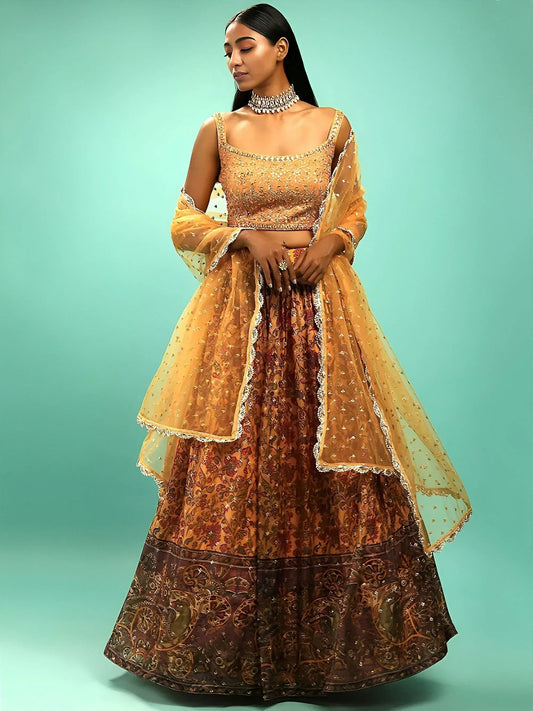 Tulsi Art Awesome Yellow Chinon Digital Print Designer Reception Wear Lehenga