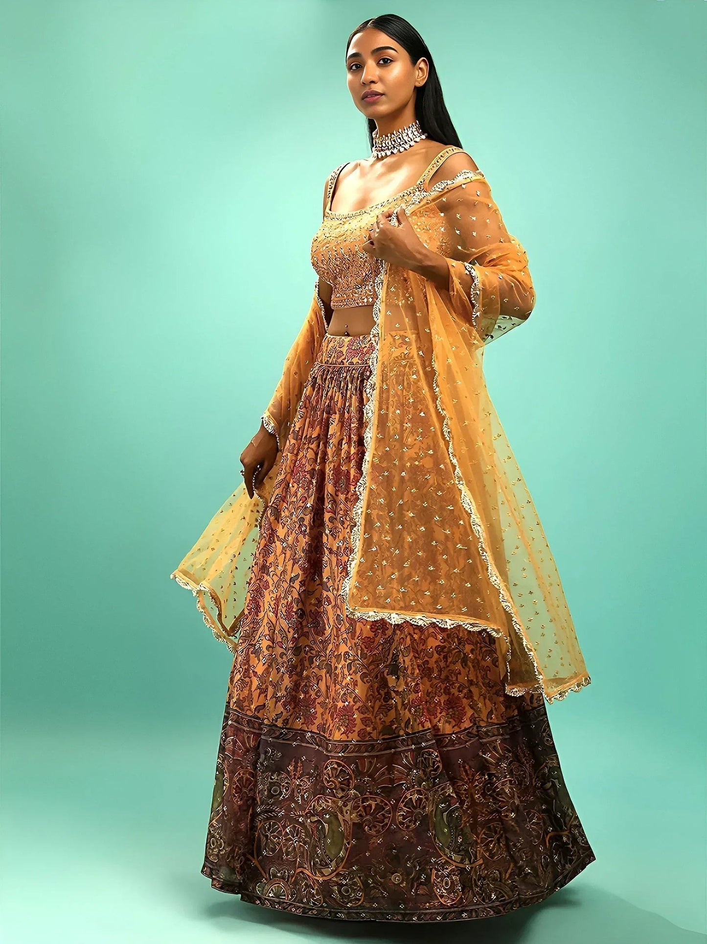 Tulsi Art Awesome Yellow Chinon Digital Print Designer Reception Wear Lehenga