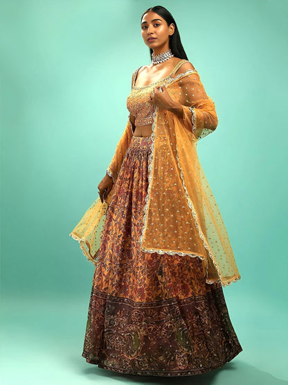 Tulsi Art Awesome Yellow Chinon Digital Print Designer Reception Wear Lehenga