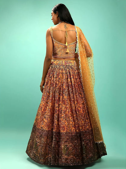 Tulsi Art Awesome Yellow Chinon Digital Print Designer Reception Wear Lehenga