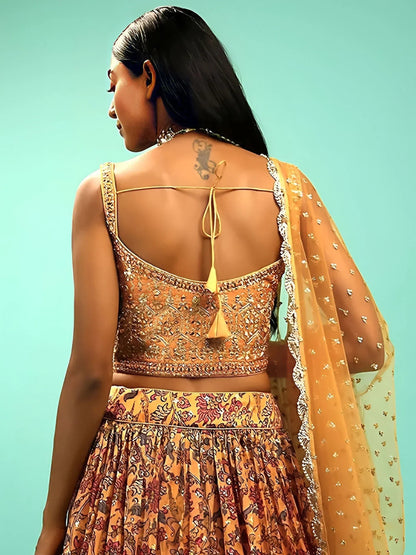 Tulsi Art Awesome Yellow Chinon Digital Print Designer Reception Wear Lehenga