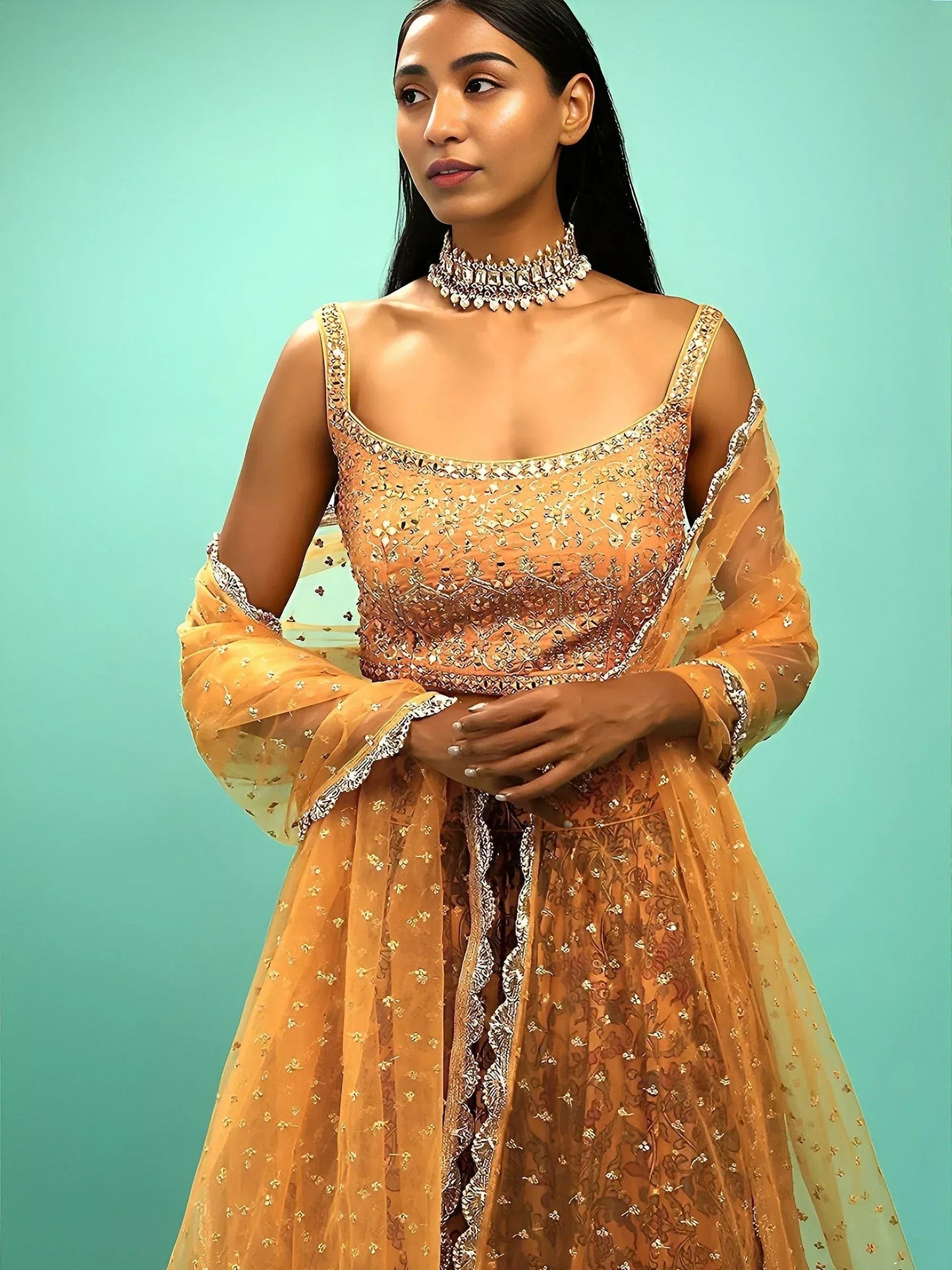 Tulsi Art Awesome Yellow Chinon Digital Print Designer Reception Wear Lehenga