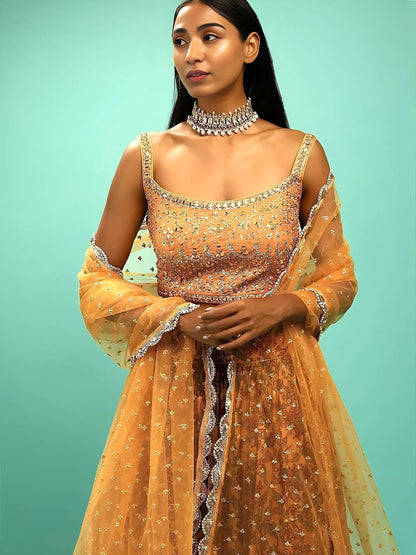 Tulsi Art Awesome Yellow Chinon Digital Print Designer Reception Wear Lehenga