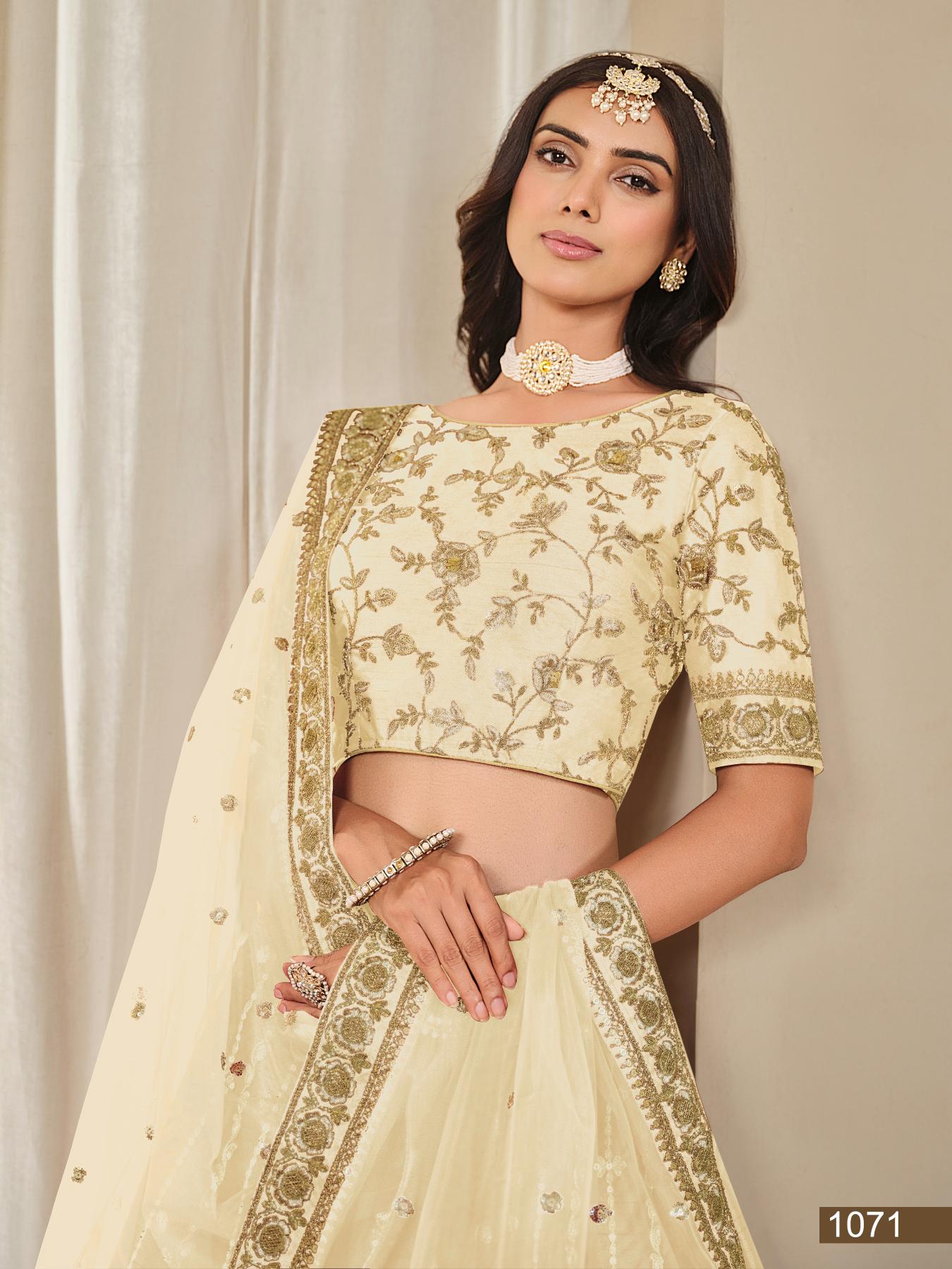Anaita Cream Embroidered Heavy Art Silk Designer Lehenga With Blouse
