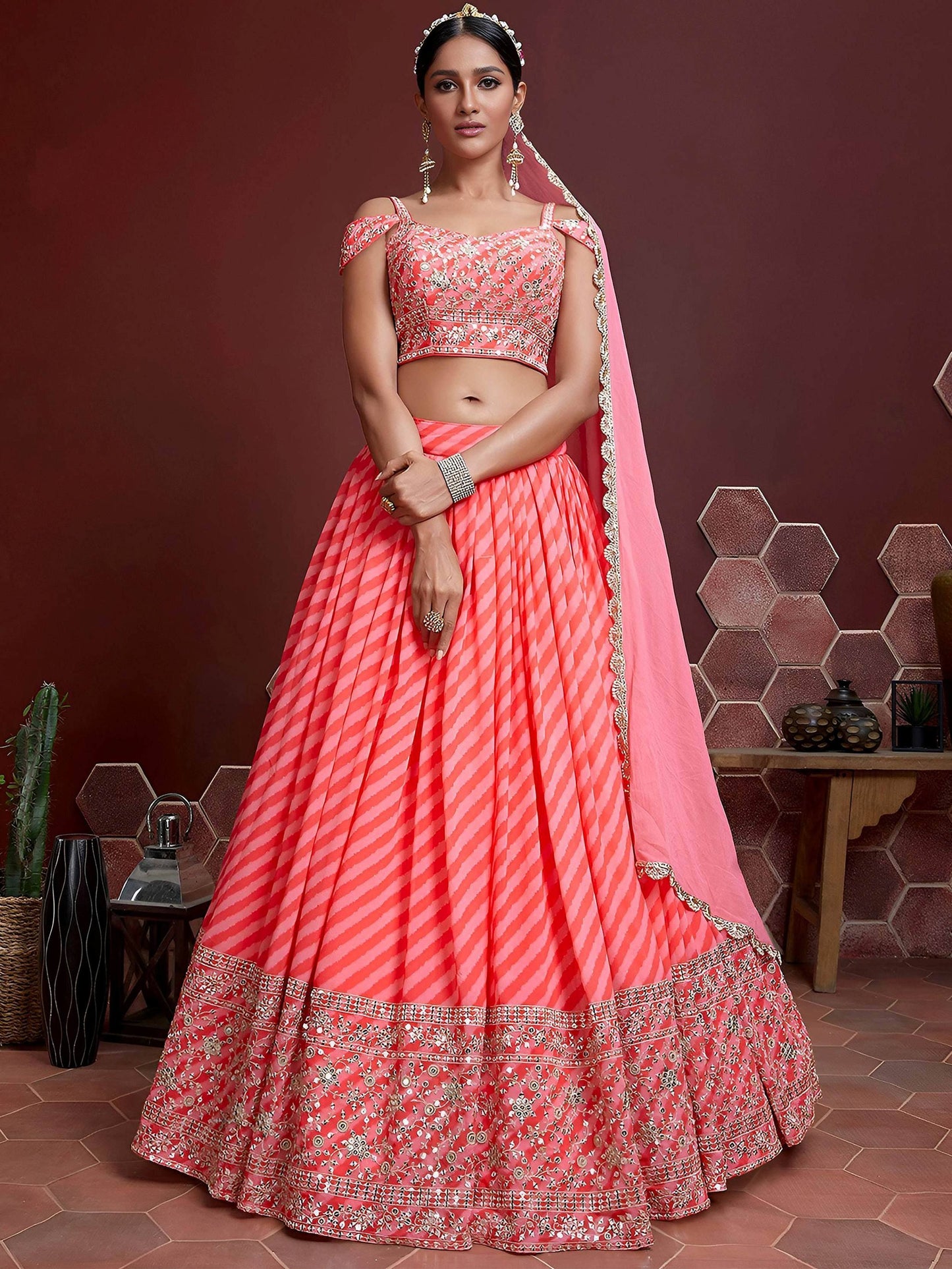 Tulsi Art Adorable Pink Sequins Embroidered Organza Bridesmaid Lehenga Choli