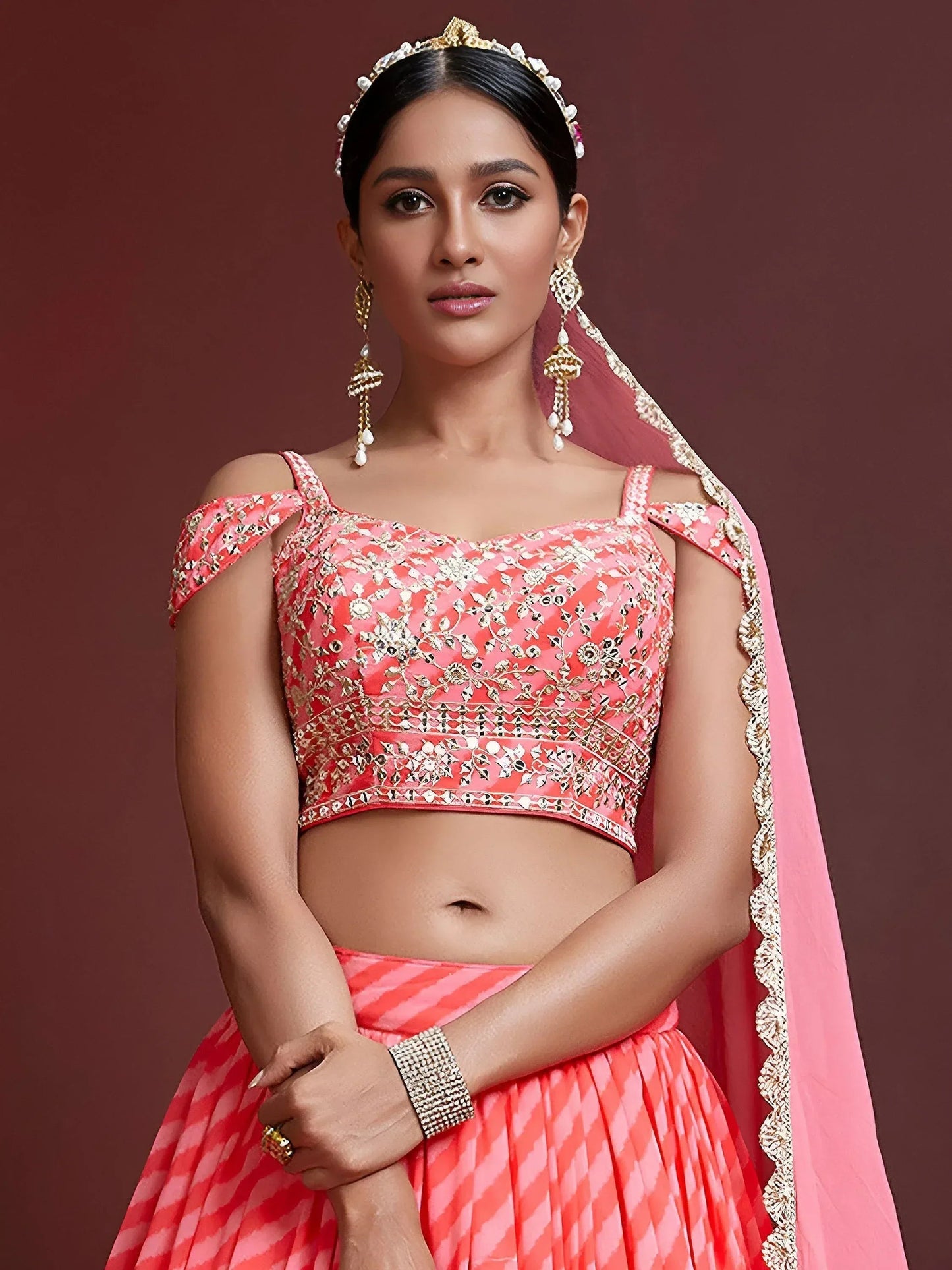 Tulsi Art Adorable Pink Sequins Embroidered Organza Bridesmaid Lehenga Choli