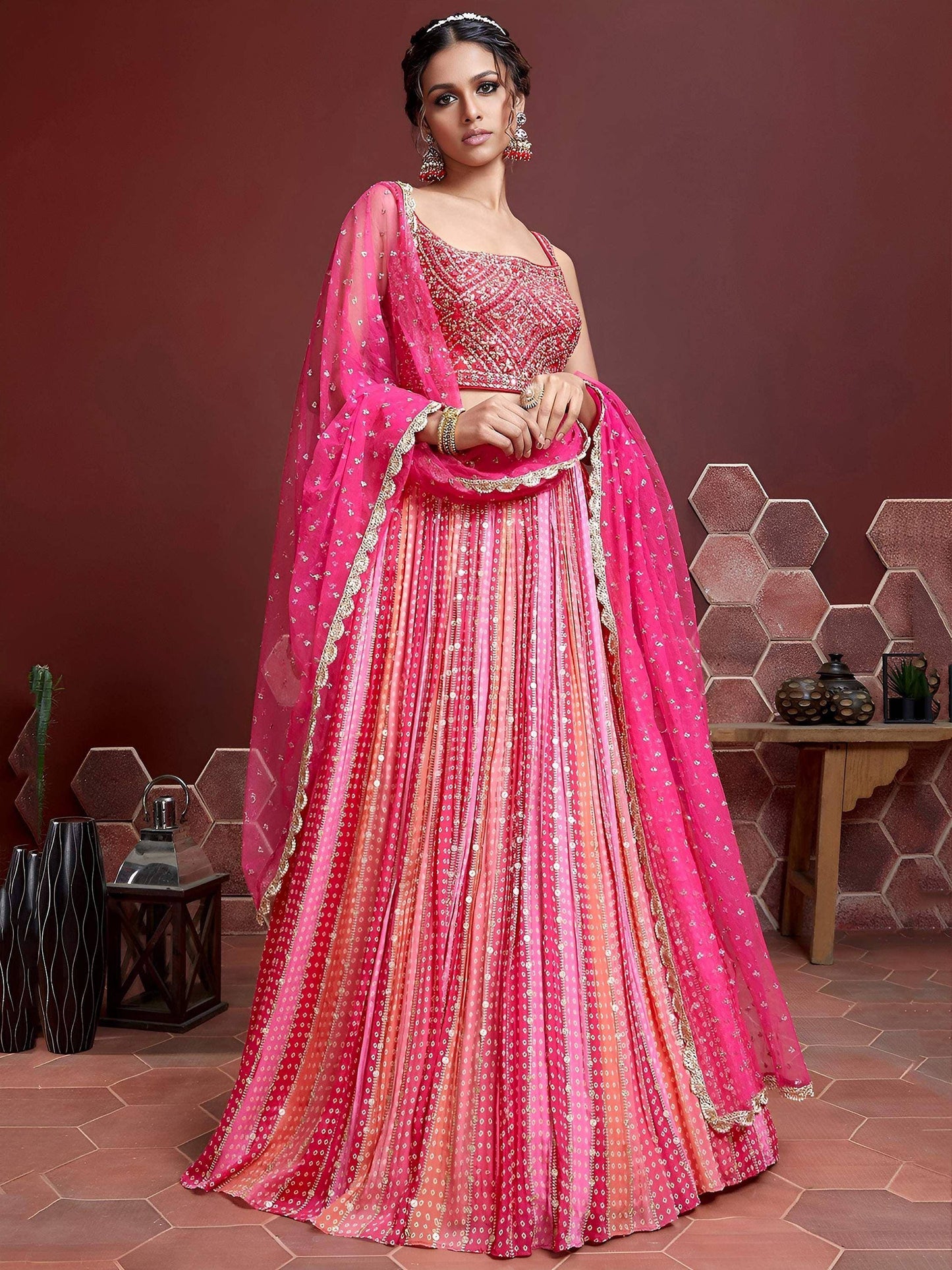 Tulsi Art Admire Pink Chinon Mirror With Embroidery Designer Lehenga Choli