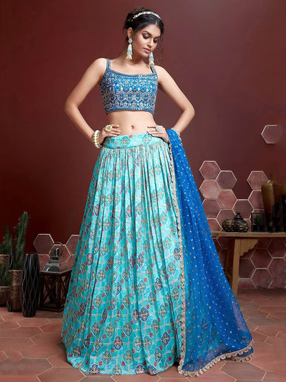 Tulsi Art Lovely Sky Blue Chinon Digital Print Mirror Party Wear Lehenga