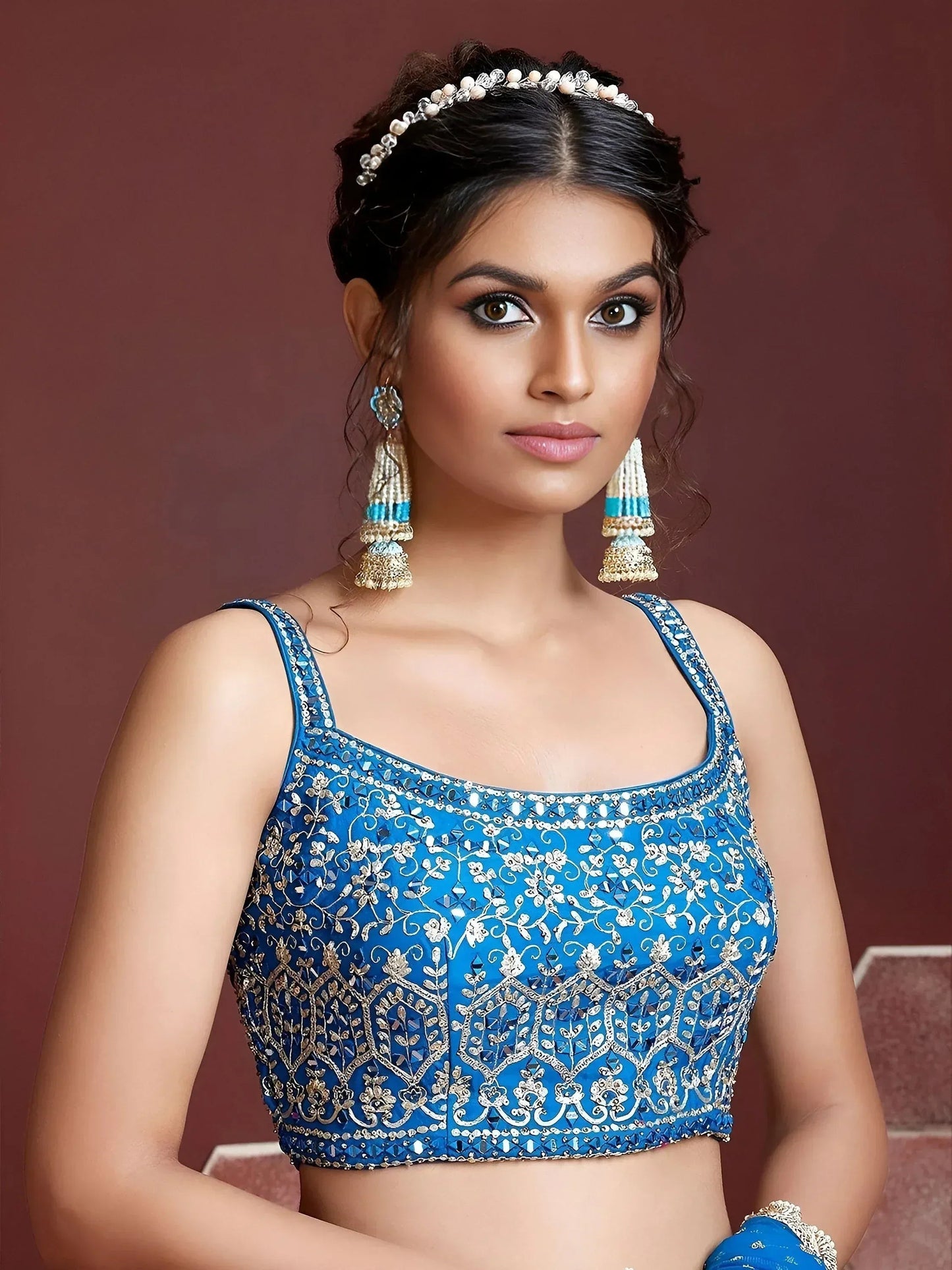 Tulsi Art Lovely Sky Blue Chinon Digital Print Mirror Party Wear Lehenga