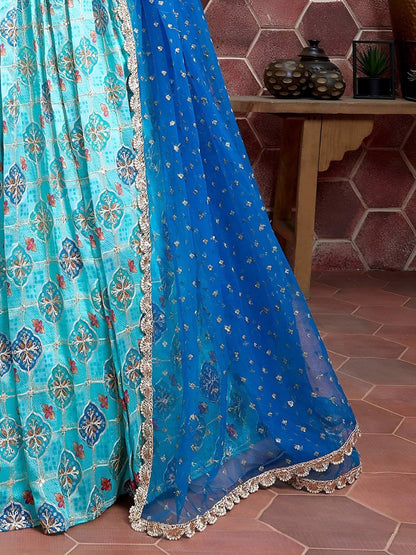 Tulsi Art Lovely Sky Blue Chinon Digital Print Mirror Party Wear Lehenga