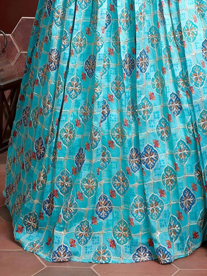 Tulsi Art Lovely Sky Blue Chinon Digital Print Mirror Party Wear Lehenga