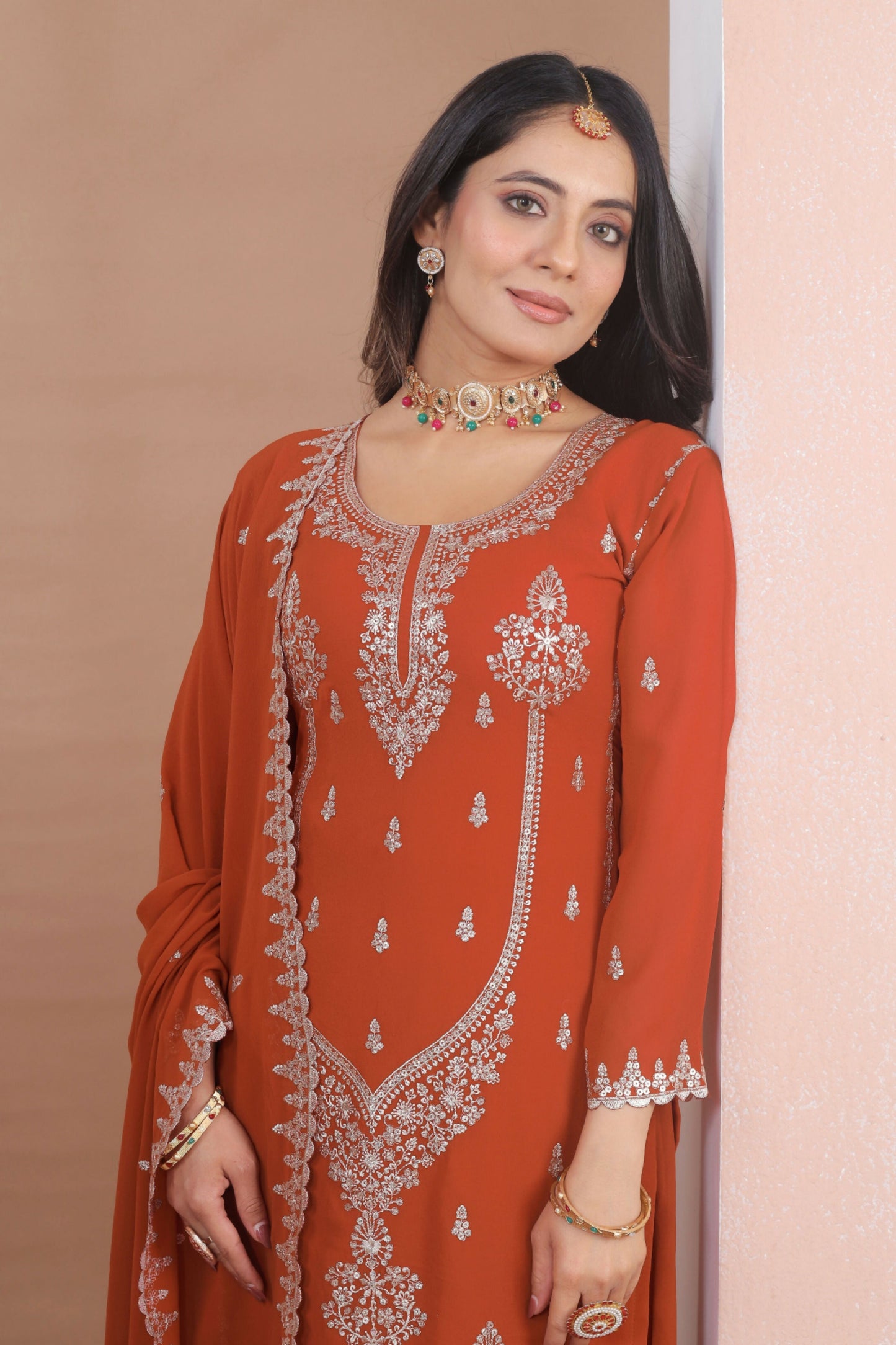 The52 Women's Gorgeous Embroidery Work Fox Georgette Fabric Straight Kurta Sharara and Dupatta Set-Orange