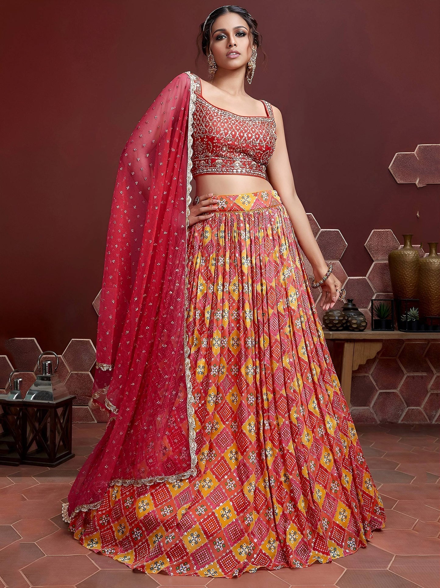Tulsi Art Glamorous Red Chinon Digital Print Designer Wear Lehenga Choli