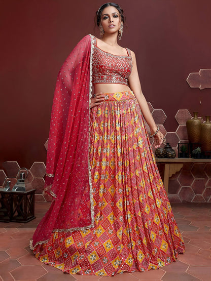 Tulsi Art Glamorous Red Chinon Digital Print Designer Wear Lehenga Choli