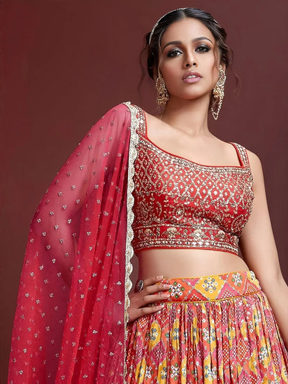 Tulsi Art Glamorous Red Chinon Digital Print Designer Wear Lehenga Choli