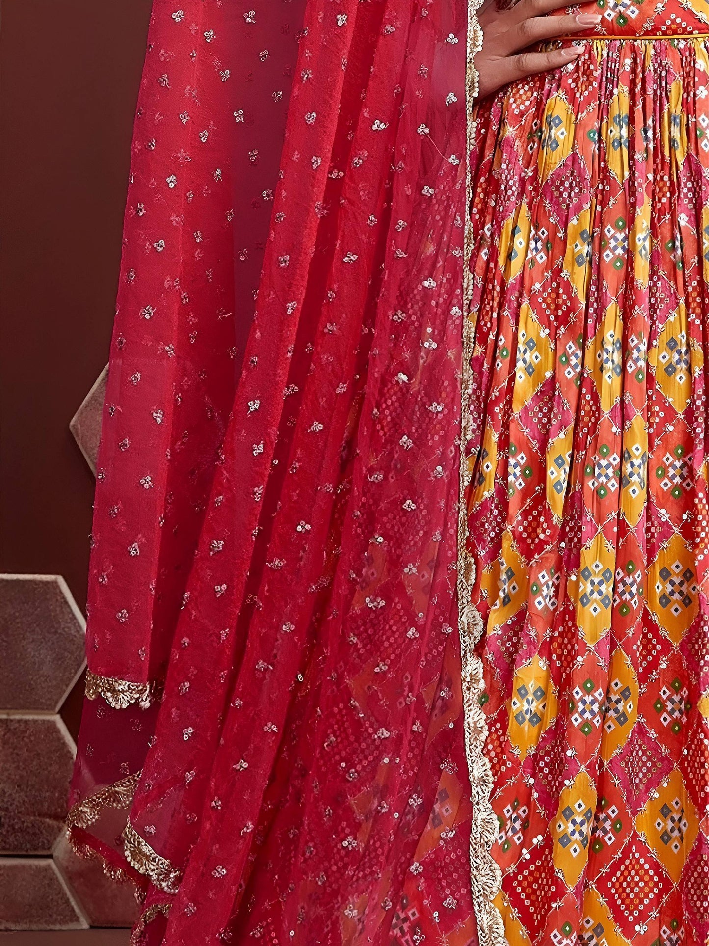 Tulsi Art Glamorous Red Chinon Digital Print Designer Wear Lehenga Choli