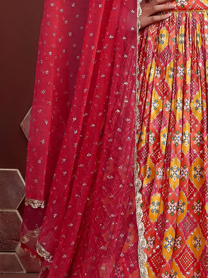 Tulsi Art Glamorous Red Chinon Digital Print Designer Wear Lehenga Choli