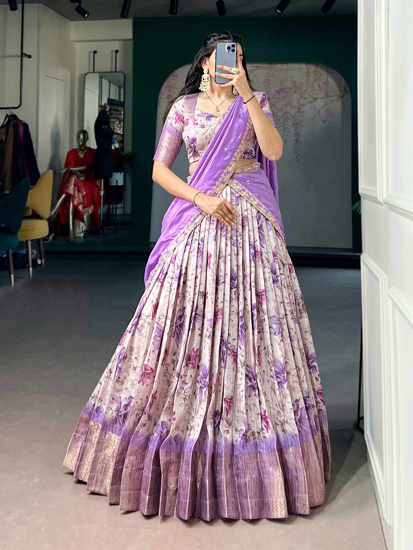 Lorenvalley Fashion Lavender Dola Chex Floral Printed With Zari Weaving Work Lehenga Choli With Dupatta
