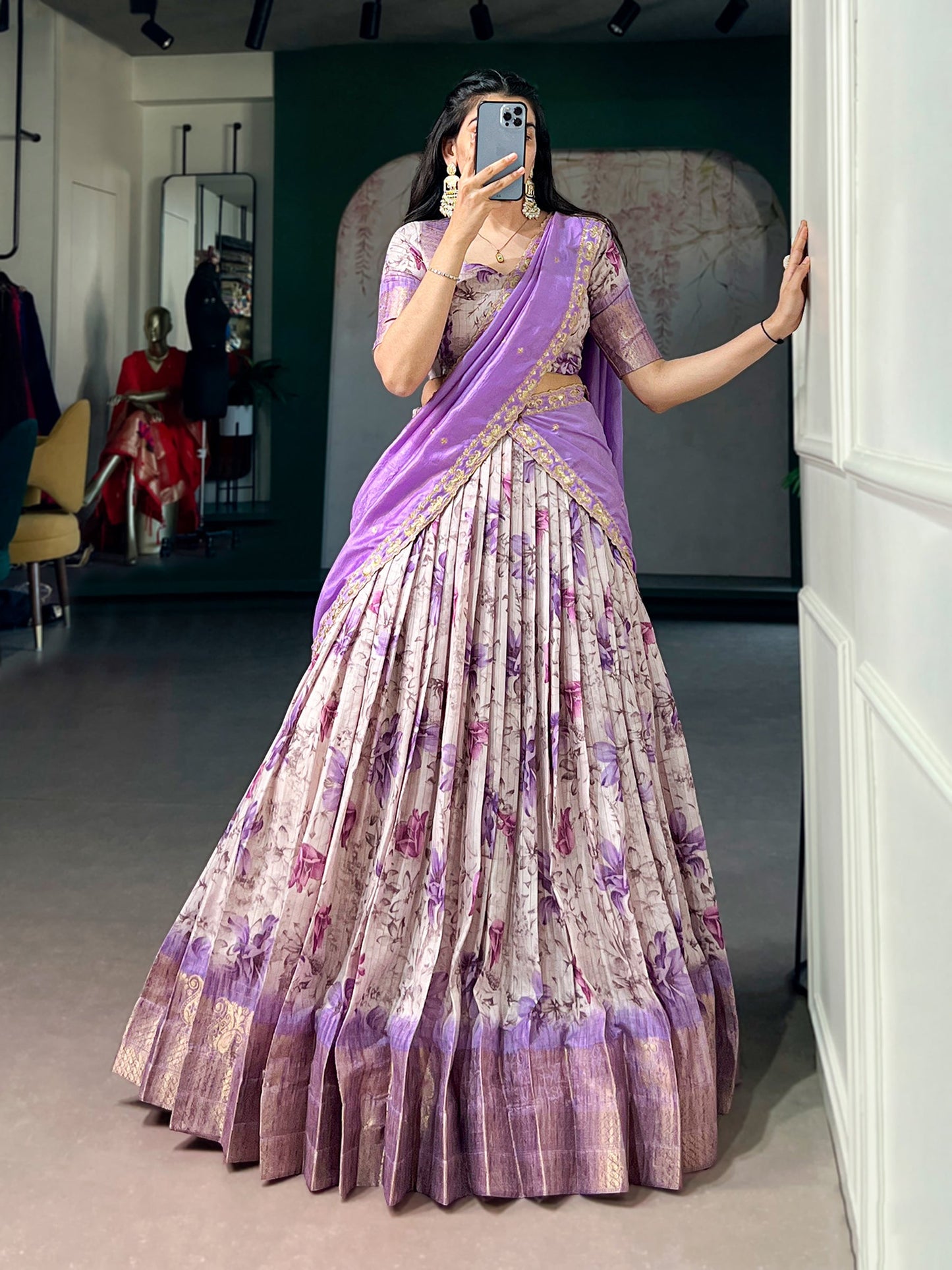 Lorenvalley Fashion Lavender Dola Chex Floral Printed With Zari Weaving Work Lehenga Choli With Dupatta
