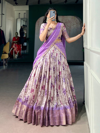 Lorenvalley Fashion Lavender Dola Chex Floral Printed With Zari Weaving Work Lehenga Choli With Dupatta