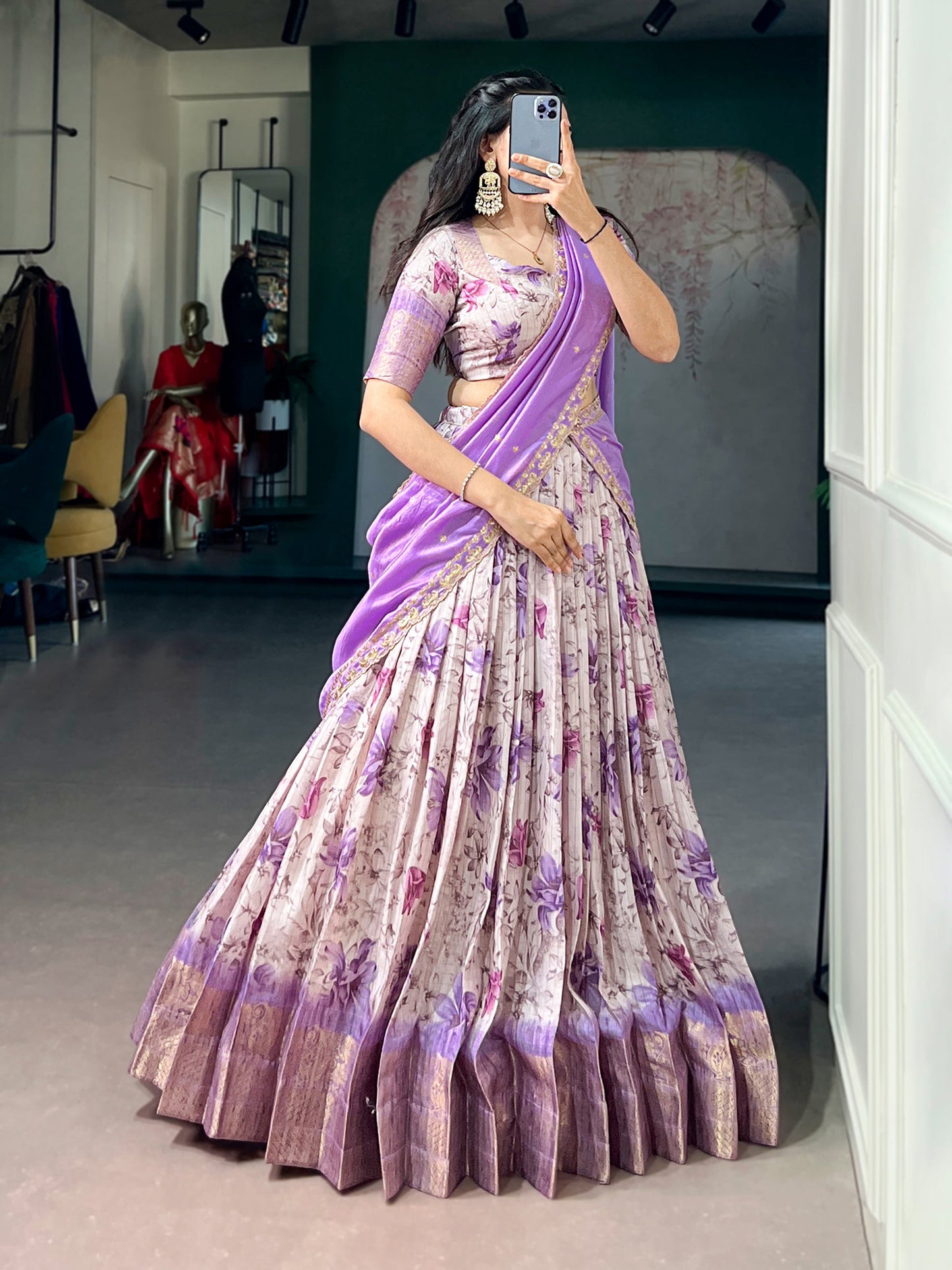 Lorenvalley Fashion Lavender Dola Chex Floral Printed With Zari Weaving Work Lehenga Choli With Dupatta