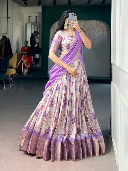 Lorenvalley Fashion Lavender Dola Chex Floral Printed With Zari Weaving Work Lehenga Choli With Dupatta