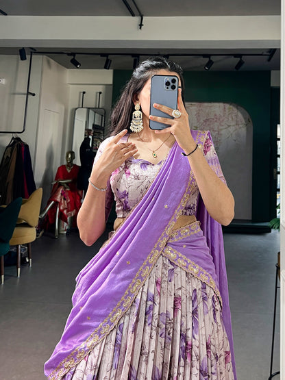 Lorenvalley Fashion Lavender Dola Chex Floral Printed With Zari Weaving Work Lehenga Choli With Dupatta