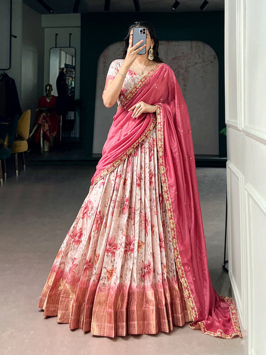 Lorenvalley Fashion Red Dola Chex Floral Printed With Zari Weaving Work Lehenga Choli With Dupatta