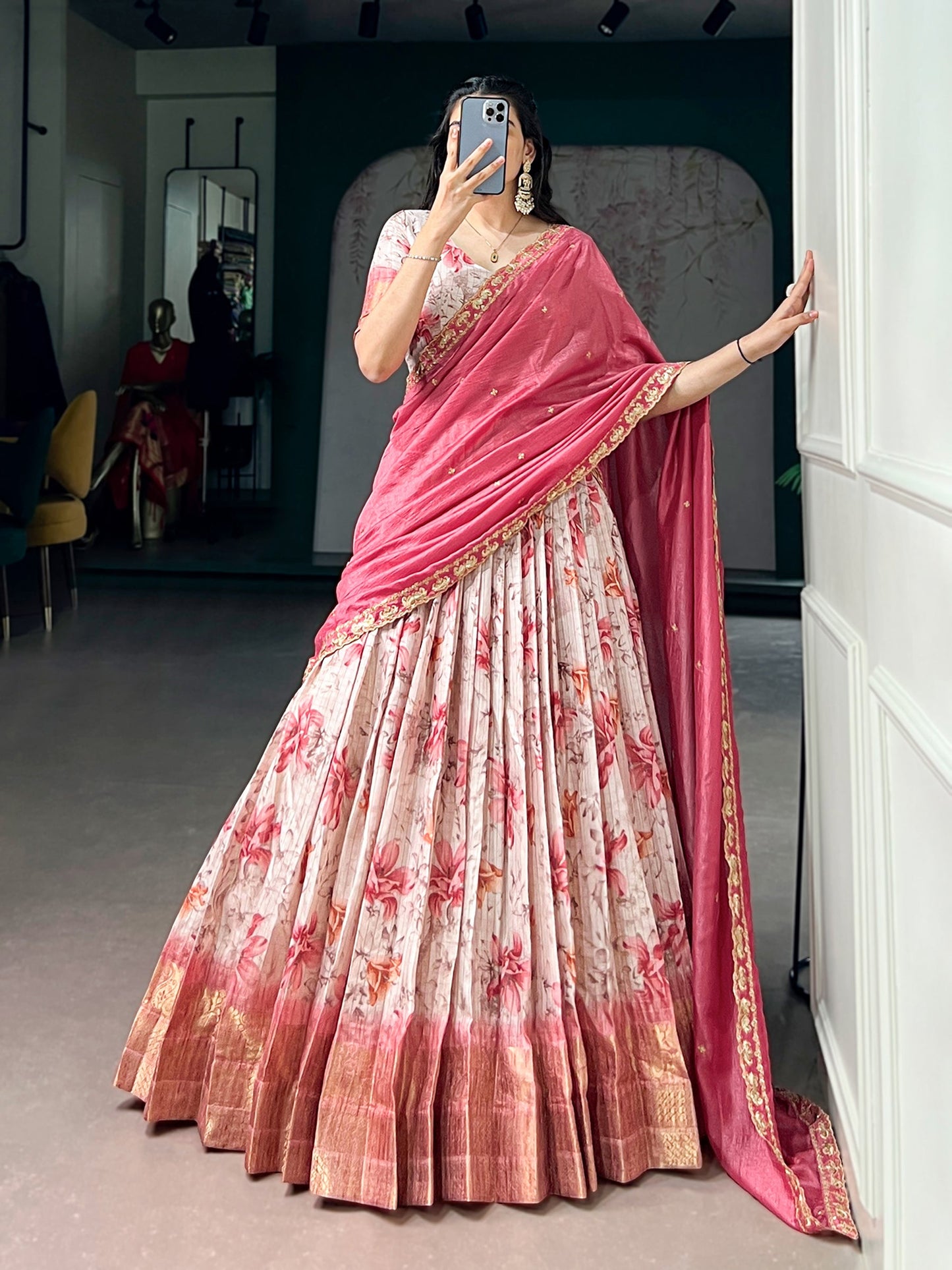 Lorenvalley Fashion Red Dola Chex Floral Printed With Zari Weaving Work Lehenga Choli With Dupatta
