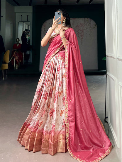 Lorenvalley Fashion Red Dola Chex Floral Printed With Zari Weaving Work Lehenga Choli With Dupatta