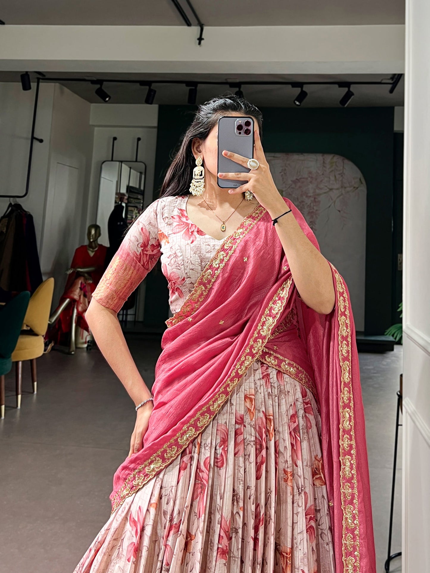 Lorenvalley Fashion Red Dola Chex Floral Printed With Zari Weaving Work Lehenga Choli With Dupatta