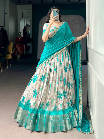 Lorenvalley Fashion Teal Dola Chex Floral Printed With Zari Weaving Work Lehenga Choli With Dupatta