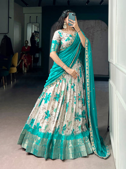 Lorenvalley Fashion Teal Dola Chex Floral Printed With Zari Weaving Work Lehenga Choli With Dupatta