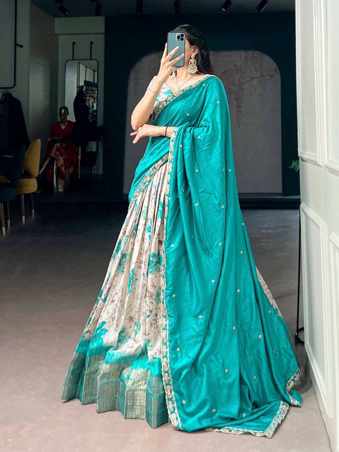 Lorenvalley Fashion Teal Dola Chex Floral Printed With Zari Weaving Work Lehenga Choli With Dupatta
