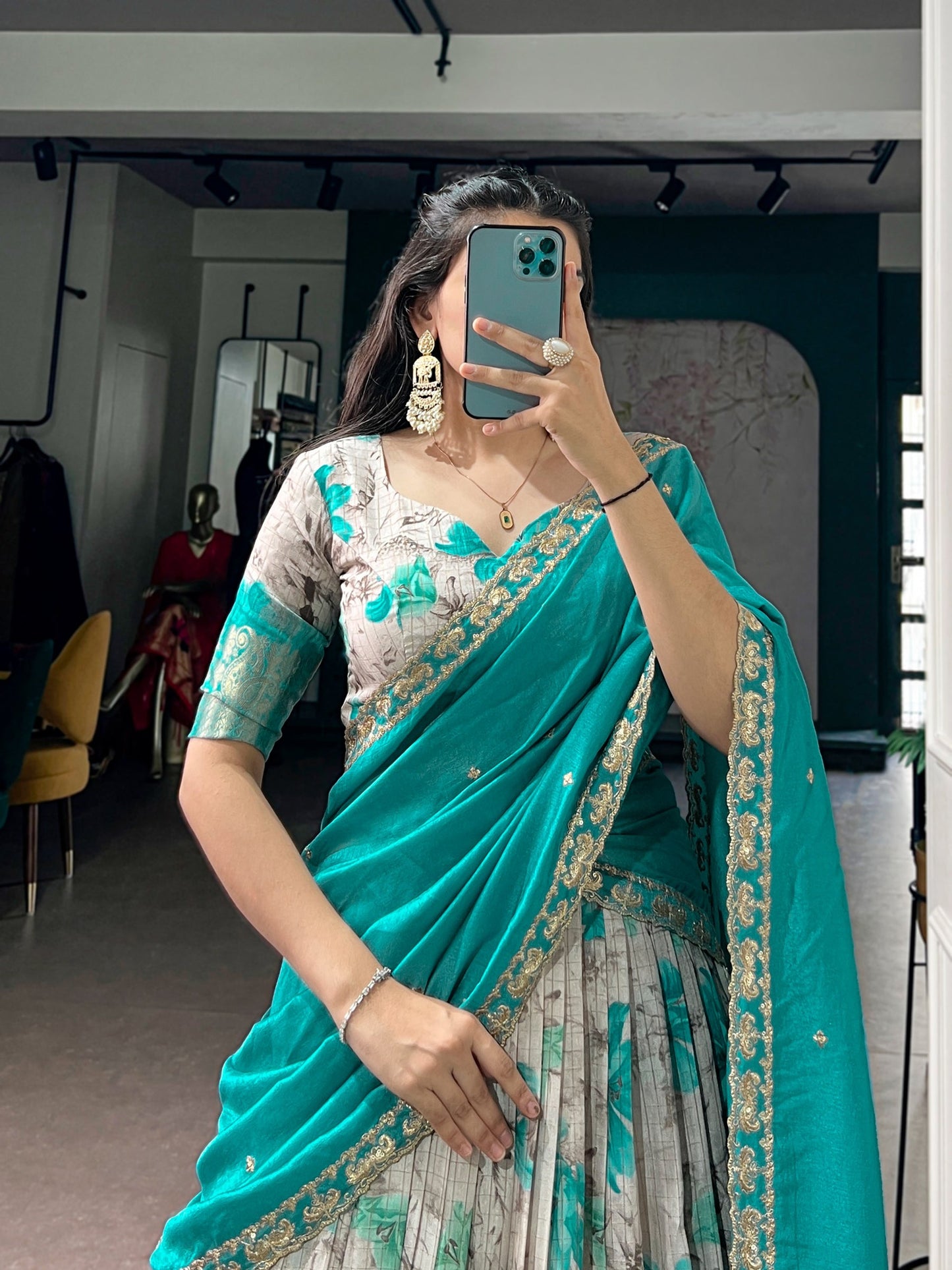 Lorenvalley Fashion Teal Dola Chex Floral Printed With Zari Weaving Work Lehenga Choli With Dupatta