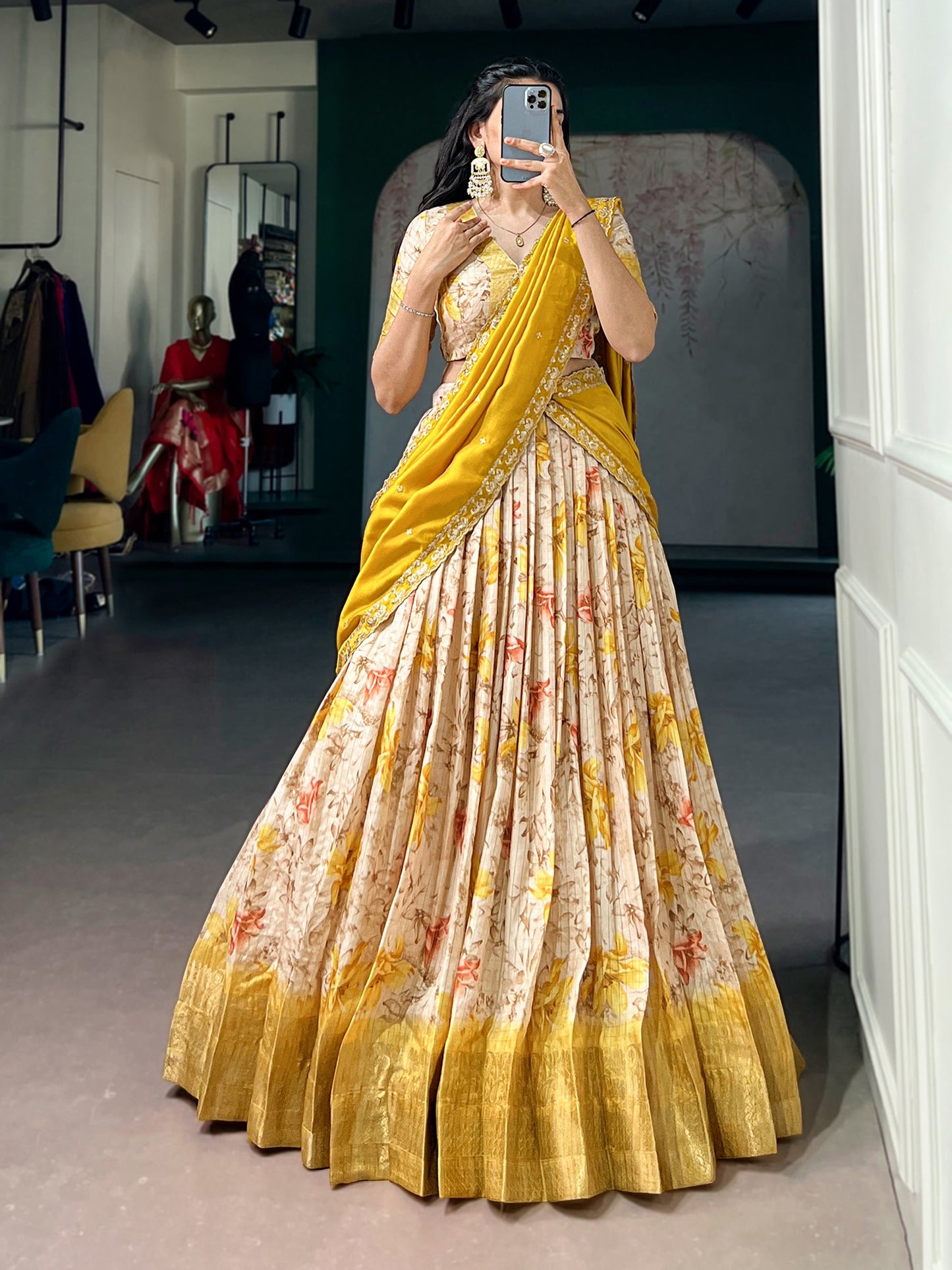 Lorenvalley Fashion Yellow Dola Chex Floral Printed With Zari Weaving Work Lehenga Choli With Dupatta