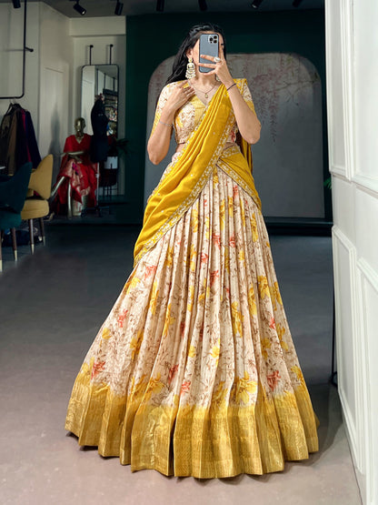 Lorenvalley Fashion Yellow Dola Chex Floral Printed With Zari Weaving Work Lehenga Choli With Dupatta